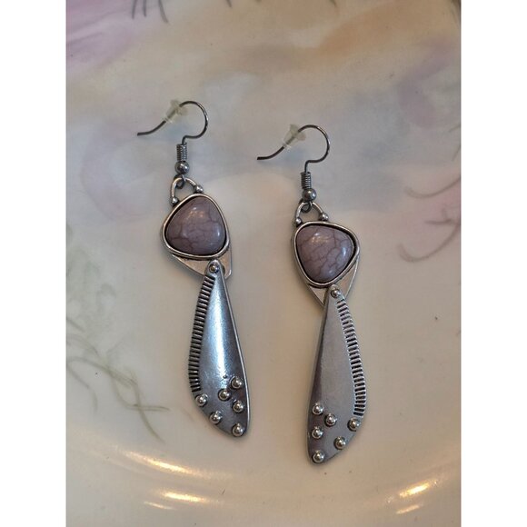Silver & Purple Stone Dangle Earrings - Picture 1 of 3